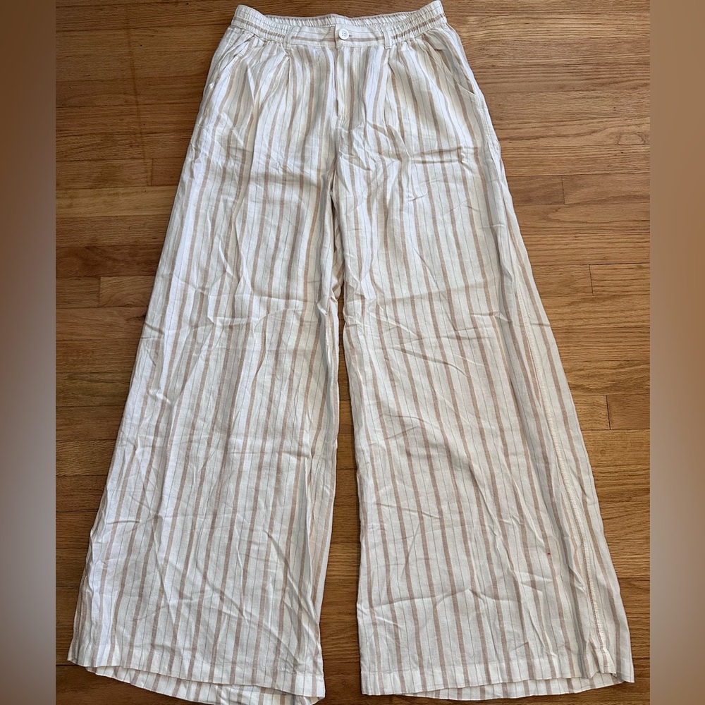 aerie Cream Wide-Leg Striped Trousers